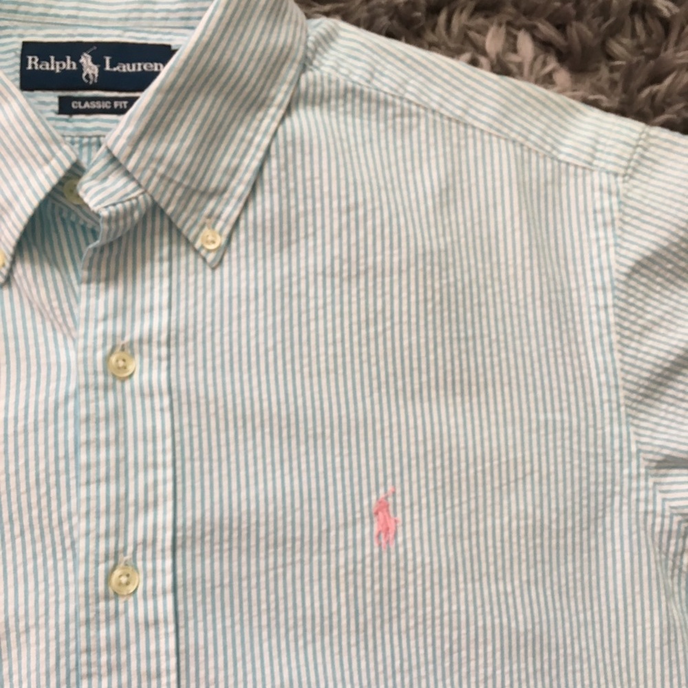 Men’s Light Blue Seersucker Polo Button Up